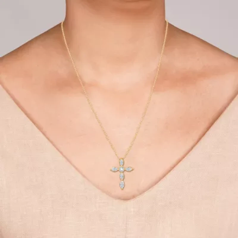 (G Womens 1 CT. T.W. Lab Grown White Diamond 10K Gold Cross 18 Inch Pendant Necklace