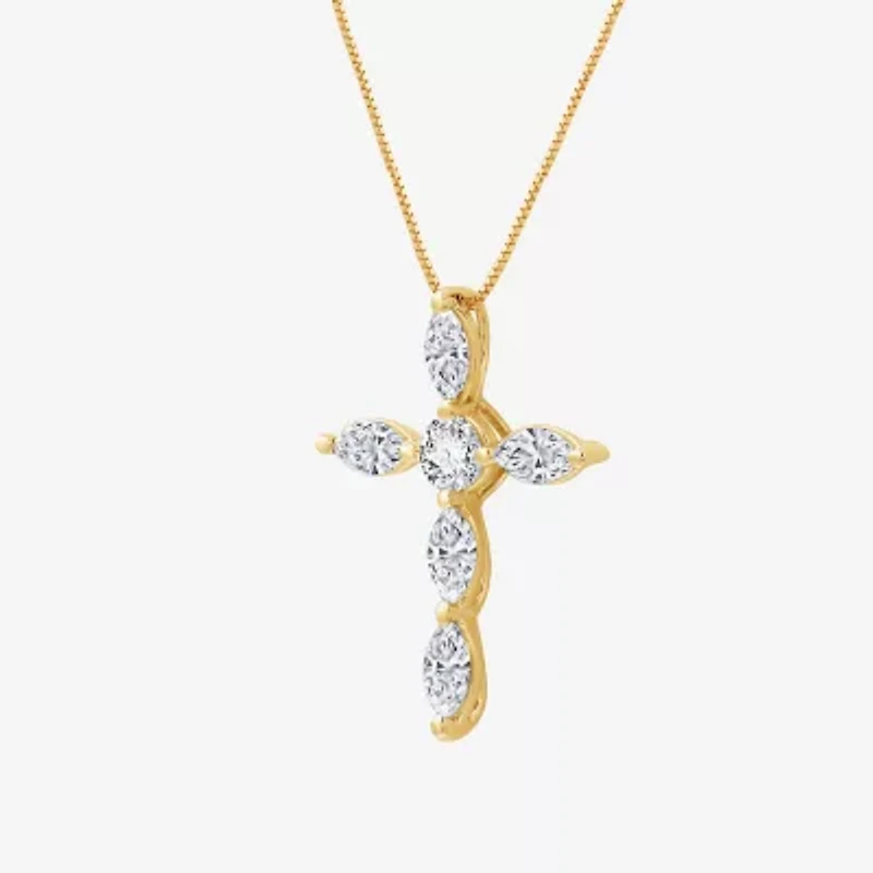 (G Womens 1 CT. T.W. Lab Grown White Diamond 10K Gold Cross 18 Inch Pendant Necklace