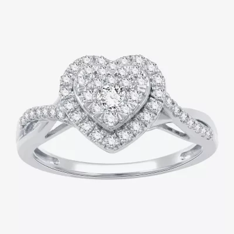 (H-I / I1) Womens 1/2 CT. T.W. Lab Grown White Diamond Sterling Silver Heart Side Stone Crossover Engagement Ring