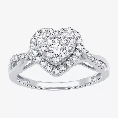 (H-I / I1) Womens 1/2 CT. T.W. Lab Grown White Diamond Sterling Silver Heart Side Stone Crossover Engagement Ring