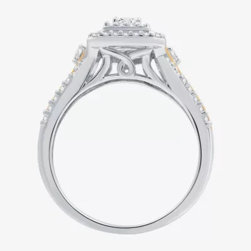 (H-I / I1) Womens 5/8 CT. T.W. Lab Grown White Diamond 14K Two Tone Gold Over Silver Side Stone Halo Bridal Set