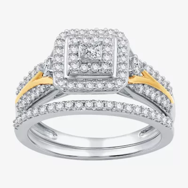 (H-I / I1) Womens 5/8 CT. T.W. Lab Grown White Diamond 14K Two Tone Gold Over Silver Side Stone Halo Bridal Set