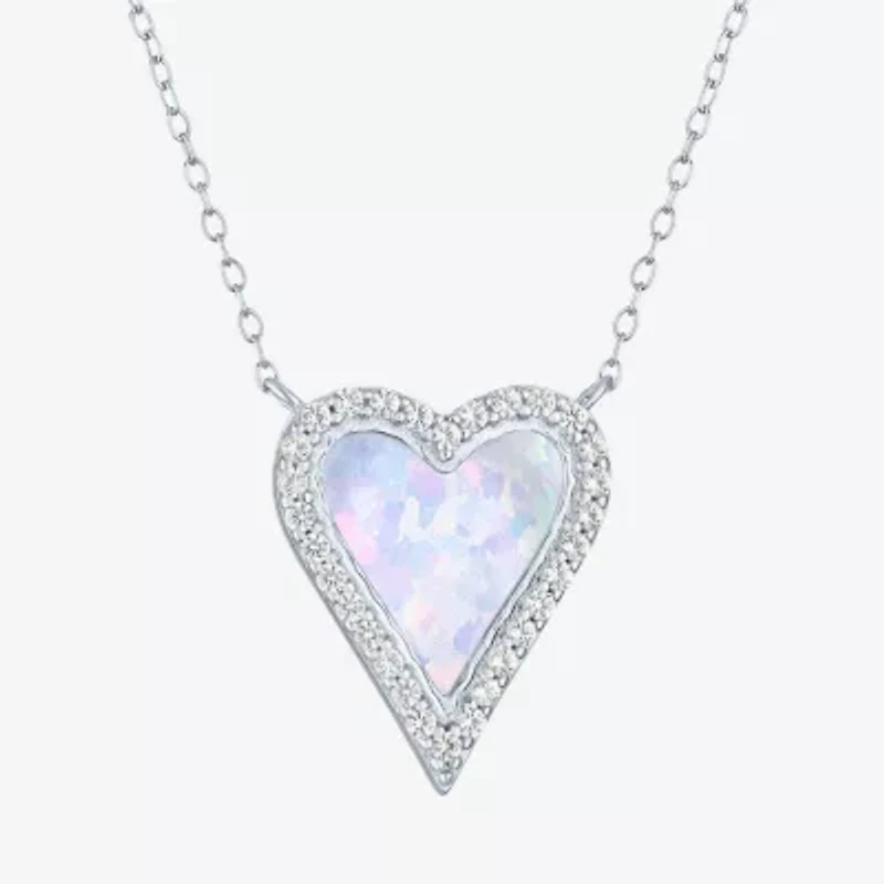 Womens Lab Created White Opal Sterling Silver Heart 16 Inch Pendant Necklace