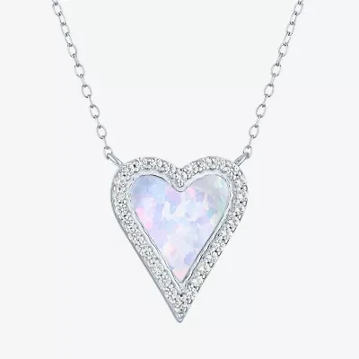 Womens Lab Created White Opal Sterling Silver Heart 16 Inch Pendant Necklace