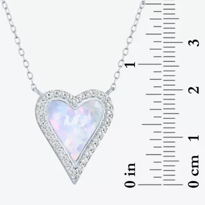 Womens Lab Created White Opal Sterling Silver Heart 16 Inch Pendant Necklace