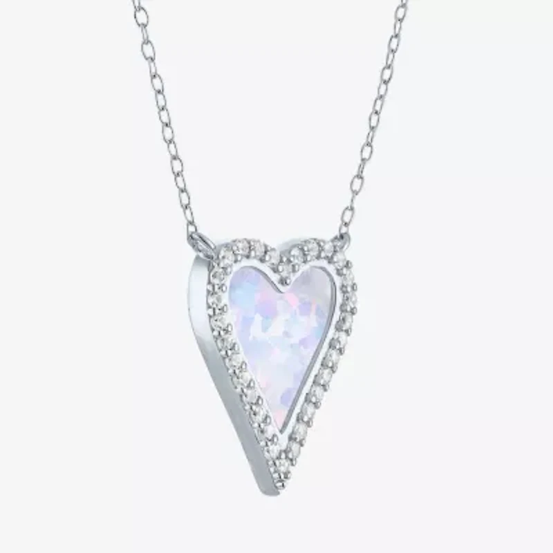 Womens Lab Created White Opal Sterling Silver Heart 16 Inch Pendant Necklace