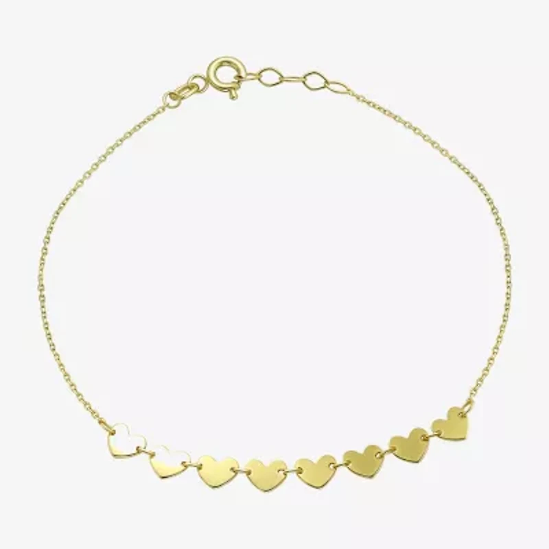 Womens 10K Gold 7.25 Inch Solid Link Heart Chain Bracelet