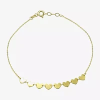 Womens 10K Gold 7.25 Inch Solid Link Heart Chain Bracelet