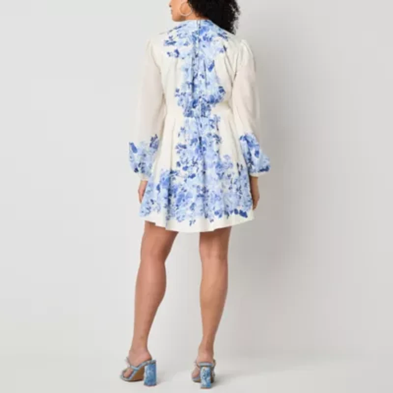 Premier Amour Womens Long Sleeve Floral Fit + Flare Dress