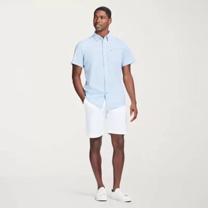 IZOD Dockside Chambray Mens Short Sleeve Regular Fit Stretch Fabric Button-Down Shirt