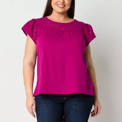 St. John's Bay Womens Crew Neck Short Sleeve Embroidered Plus Blouse