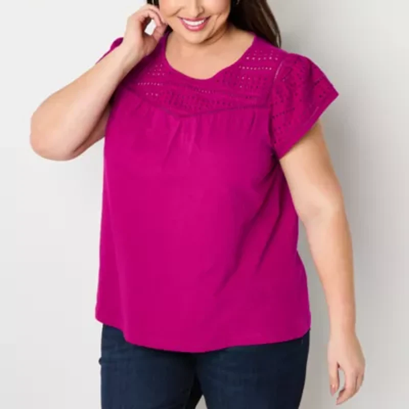 St. John's Bay Womens Crew Neck Short Sleeve Embroidered Plus Blouse