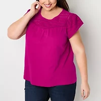 St. John's Bay Womens Crew Neck Short Sleeve Embroidered Plus Blouse