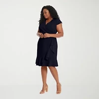 London Times Womens Plus Short Sleeve Wrap Dress