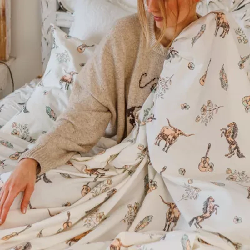 JUNK GYPSY Watercolor Cowgirls 250 Thread Count Cotton Percale Sheet Set