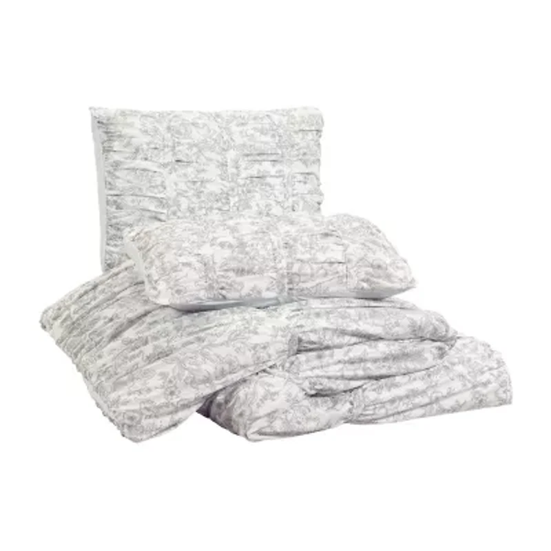 Modern Heirloom Floral Toile Ruched Reversible Comforter Set