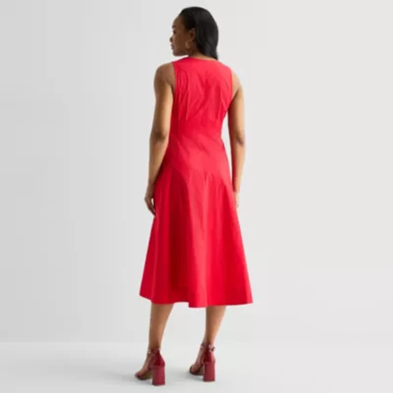 Liz Claiborne Womens Midi V Neck Sleeveless A-Line Dress