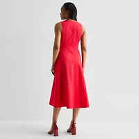 Liz Claiborne Womens Midi V Neck Sleeveless A-Line Dress