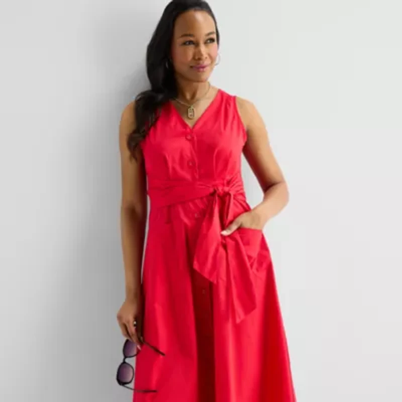 Liz Claiborne Womens Midi V Neck Sleeveless A-Line Dress