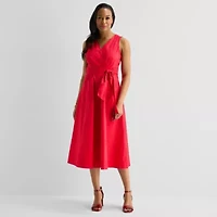 Liz Claiborne Womens Midi V Neck Sleeveless A-Line Dress