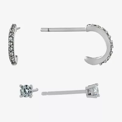Silver Treasures Womens Cubic Zirconia Sterling Silver 2 Pair Earring Set