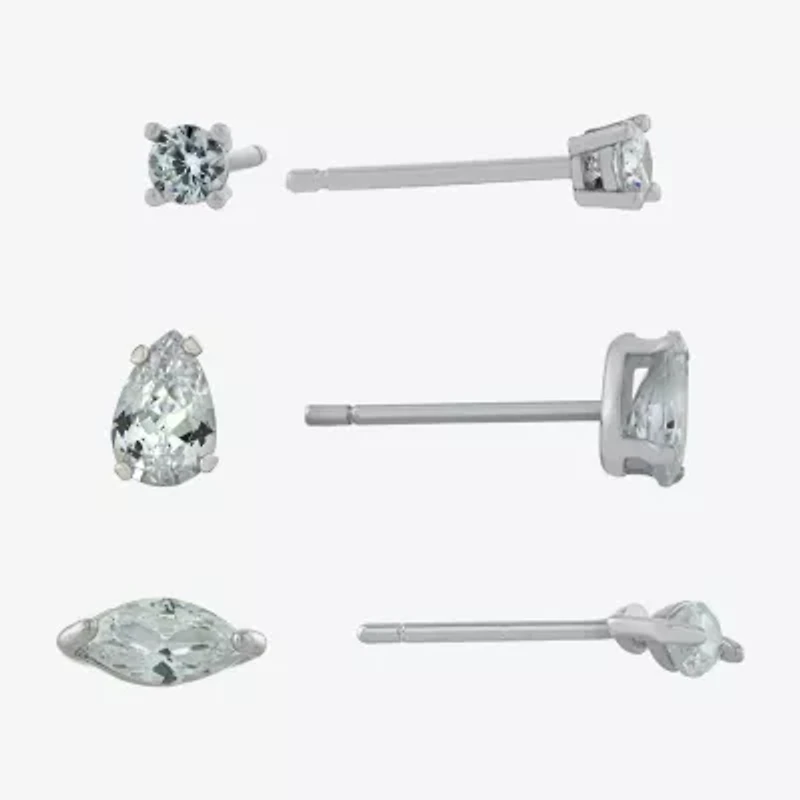 Silver Treasures Womens Cubic Zirconia Sterling Silver 3 Pair Earring Set
