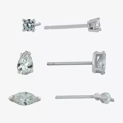 Silver Treasures Womens Cubic Zirconia Sterling Silver 3 Pair Earring Set