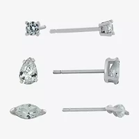 Silver Treasures Womens Cubic Zirconia Sterling Silver 3 Pair Earring Set