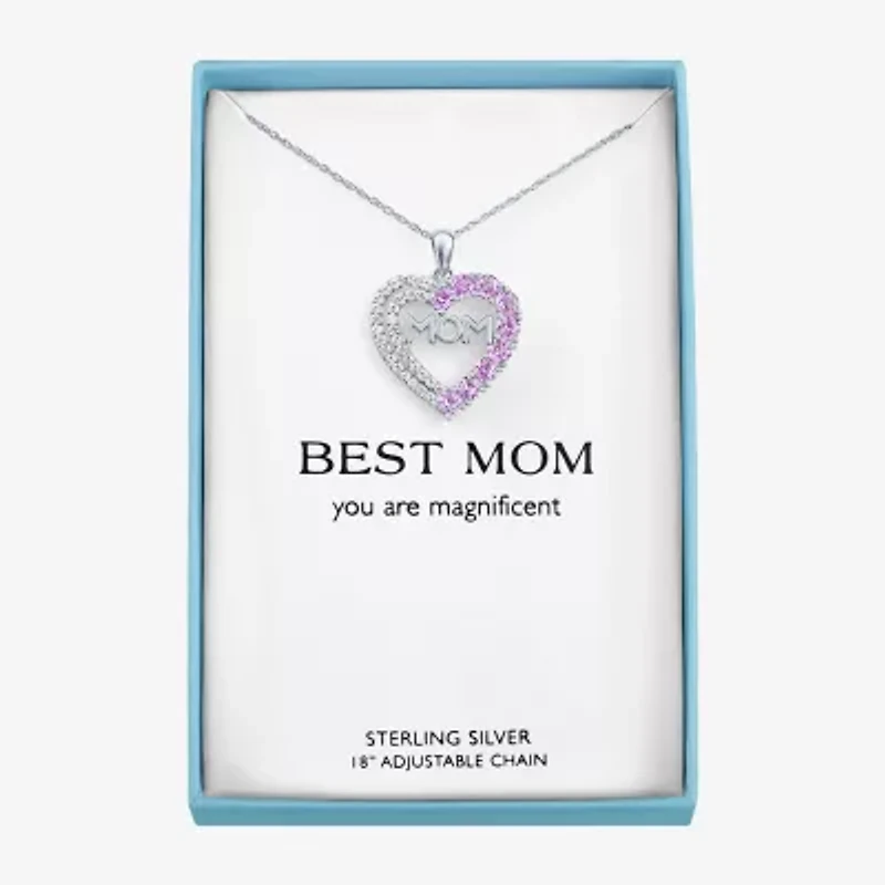 "Mom" Womens Lab Created Pink Sapphire Sterling Silver Heart 19 Inch Pendant Necklace