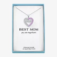 "Mom" Womens Lab Created Pink Sapphire Sterling Silver Heart 19 Inch Pendant Necklace