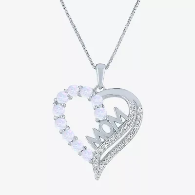 "Mom" Womens Lab Created White Opal Sterling Silver Heart 18 Inch Pendant Necklace