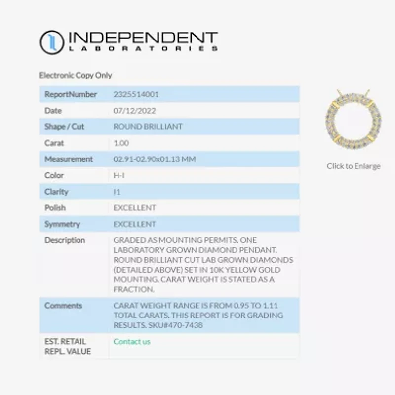 (H-I / I1) Womens 1 CT. T.W. Lab Grown White Diamond 10K Gold Circle 18 Inch Pendant Necklace