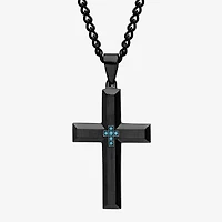Mens Color-Enhanced Blue Diamond-Accent Black Ion-Plated Stainless Steel Cross Pendant Necklace
