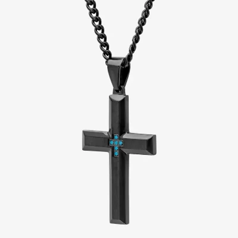 Mens Color-Enhanced Blue Diamond-Accent Black Ion-Plated Stainless Steel Cross Pendant Necklace