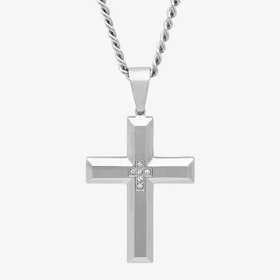 Mens Diamond-Accent Stainless Steel Cross Pendant Necklace