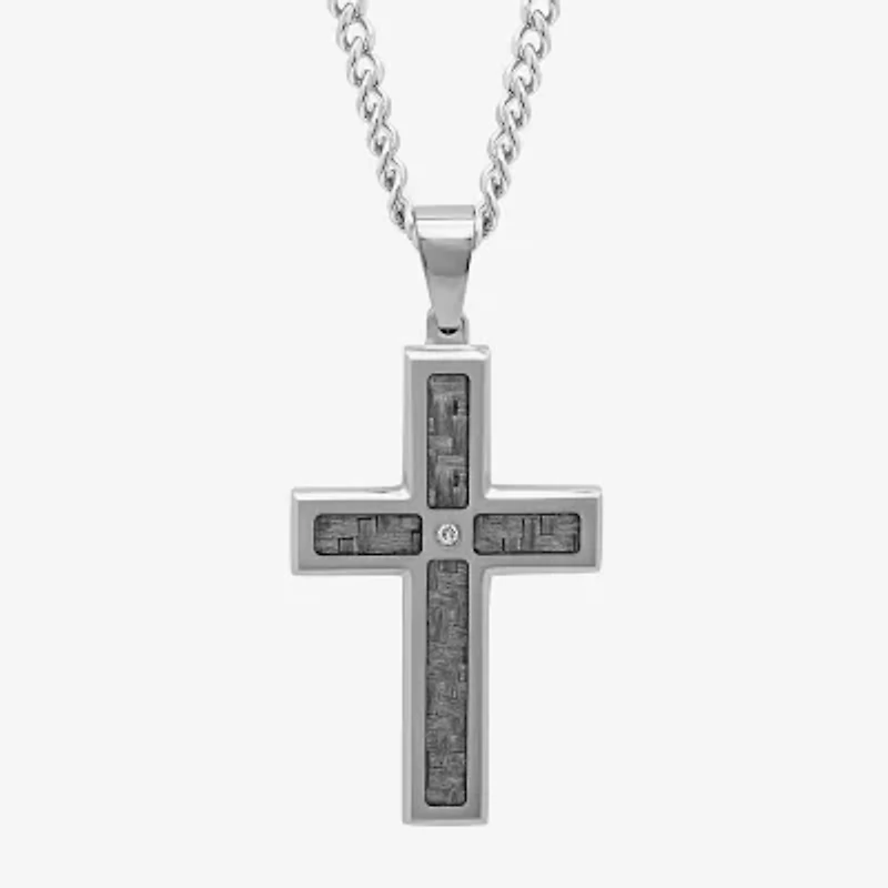Mens Diamond-Accent Stainless Steel Cross Pendant Necklace