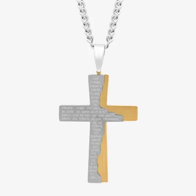 Mens Two-Tone Stainless Steel Lord's Prayer Cross Pendant Necklace