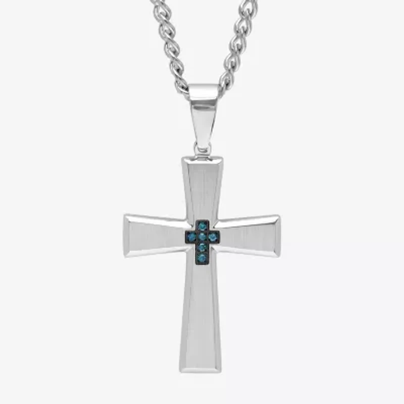 Mens Diamond-Accent Stainless Steel Cross Pendant Necklace