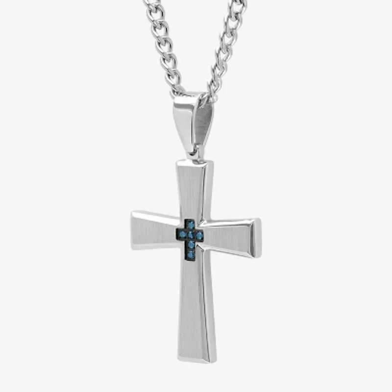 Mens Diamond-Accent Stainless Steel Cross Pendant Necklace