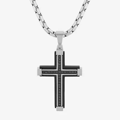 Mens 1/7 CT. T.W. Natural Diamond Stainless Steel Cross Pendant Necklace