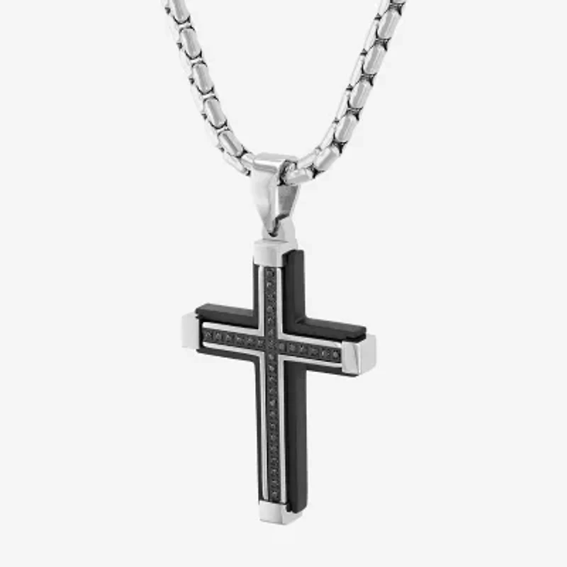 Mens 1/7 CT. T.W. Natural Diamond Stainless Steel Cross Pendant Necklace