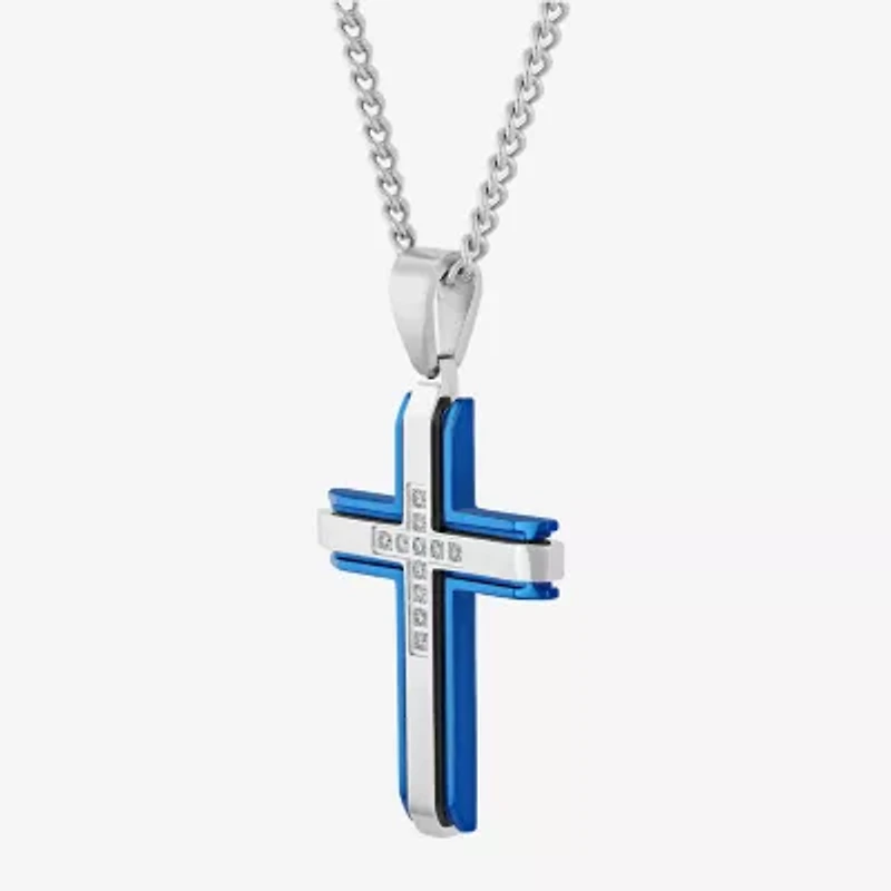 (G-H / I1) Mens 1/4 CT. T.W. Lab Grown White Diamond Stainless Steel Cross 24 Inch Pendant Necklace
