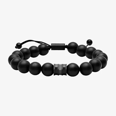Beaded Mens Genuine Black Onyx Stainless Steel Bolo Bracelet