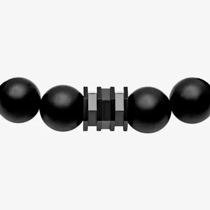 Beaded Mens Genuine Black Onyx Stainless Steel Bolo Bracelet