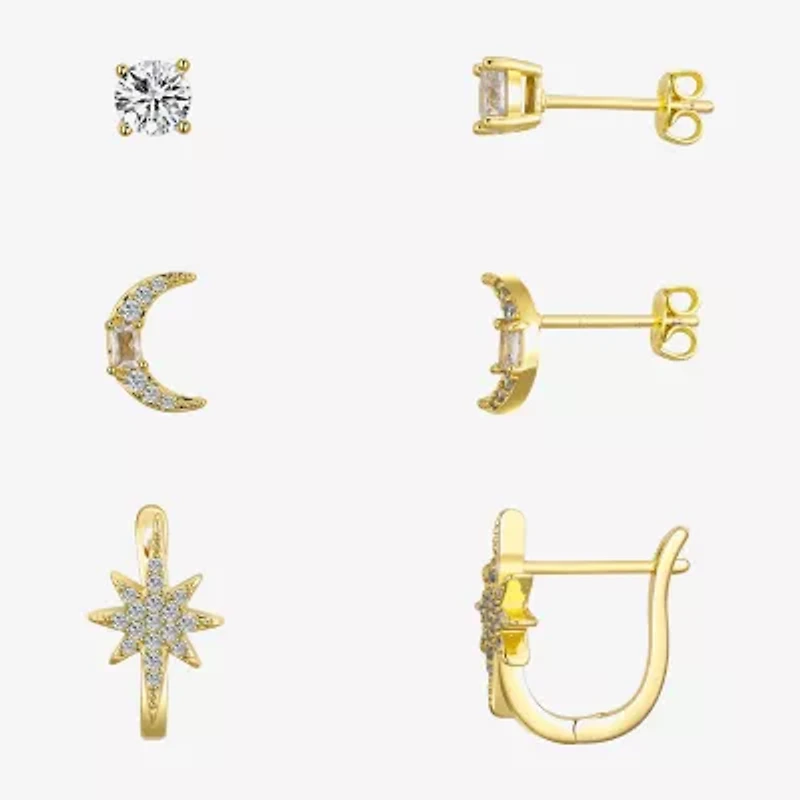 Silver Reflections Womens Cubic Zirconia 10K Gold Over Brass Moon 3 Pair Earring Set