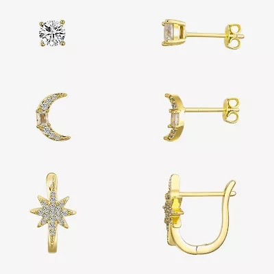Silver Reflections Womens Cubic Zirconia 10K Gold Over Brass Moon 3 Pair Earring Set