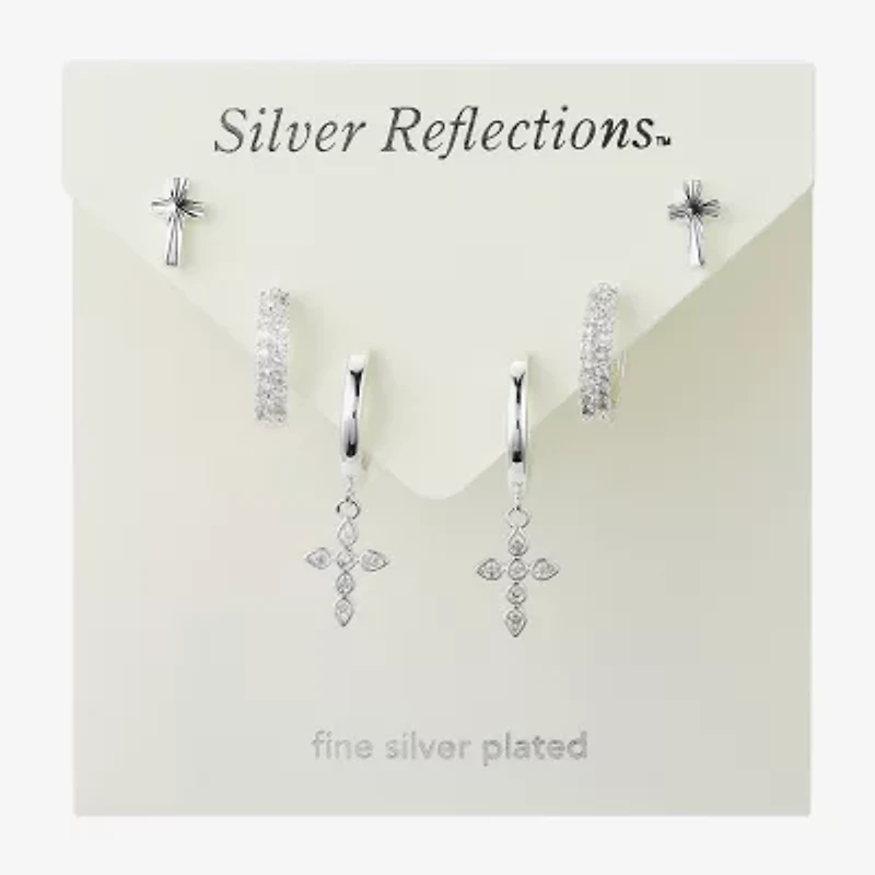 Silver Reflections Womens Cubic Zirconia Cross 3 Pair Earring Set