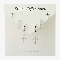 Silver Reflections Womens Cubic Zirconia Cross 3 Pair Earring Set