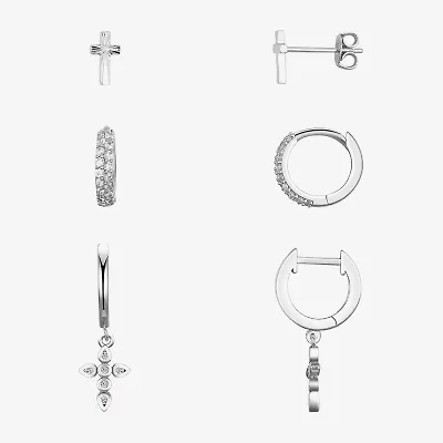 Silver Reflections Womens Cubic Zirconia Cross 3 Pair Earring Set