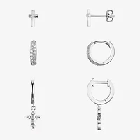 Silver Reflections Womens Cubic Zirconia Cross 3 Pair Earring Set